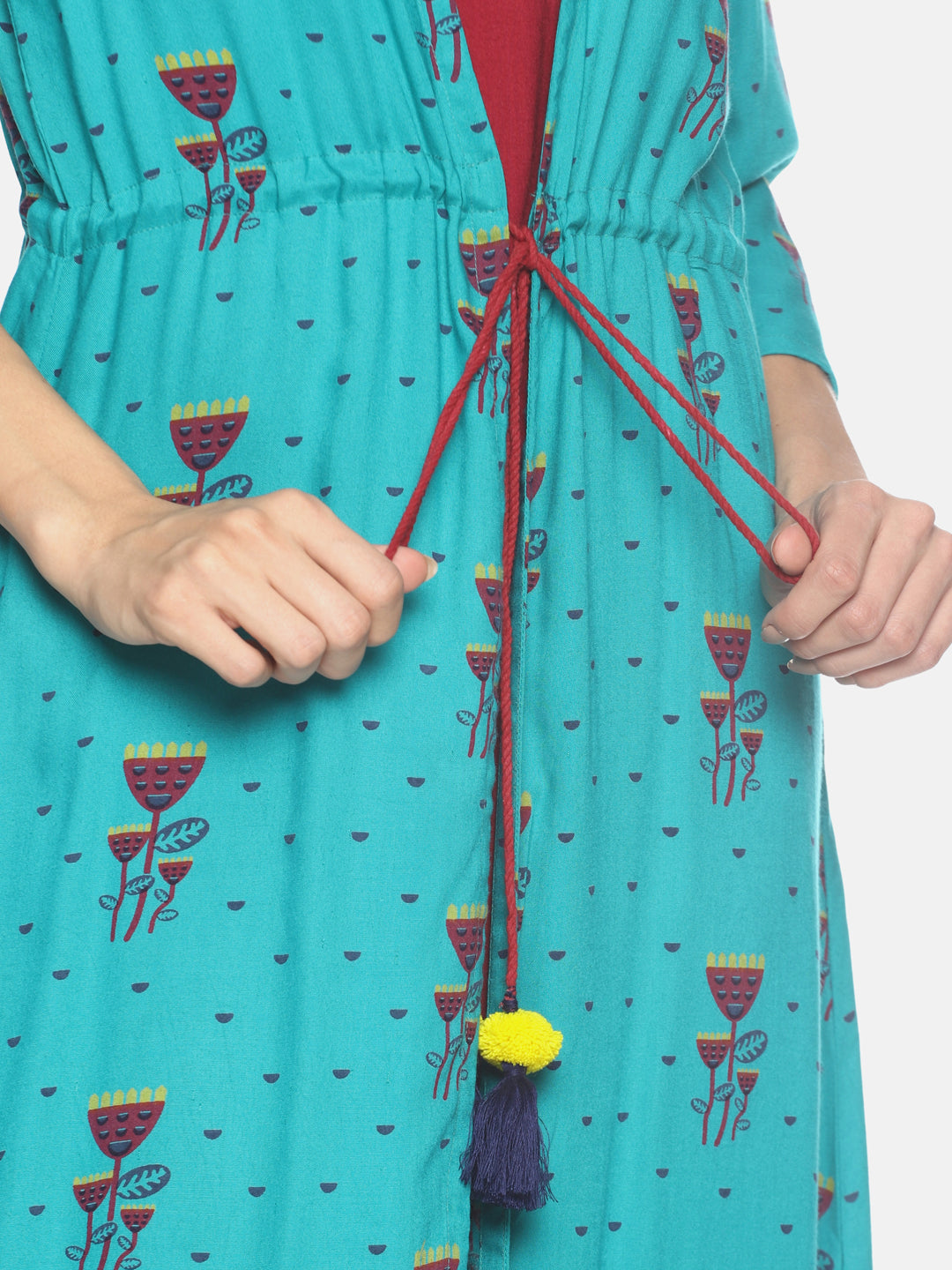 Turquoise Printed Jacket Dress With Tie Ups | Untung