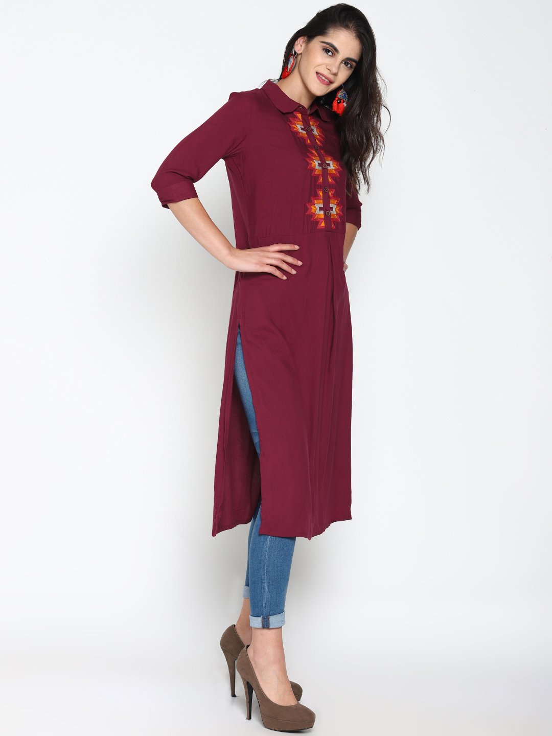 Maroon Embroidered Shirt Kurta | Untung