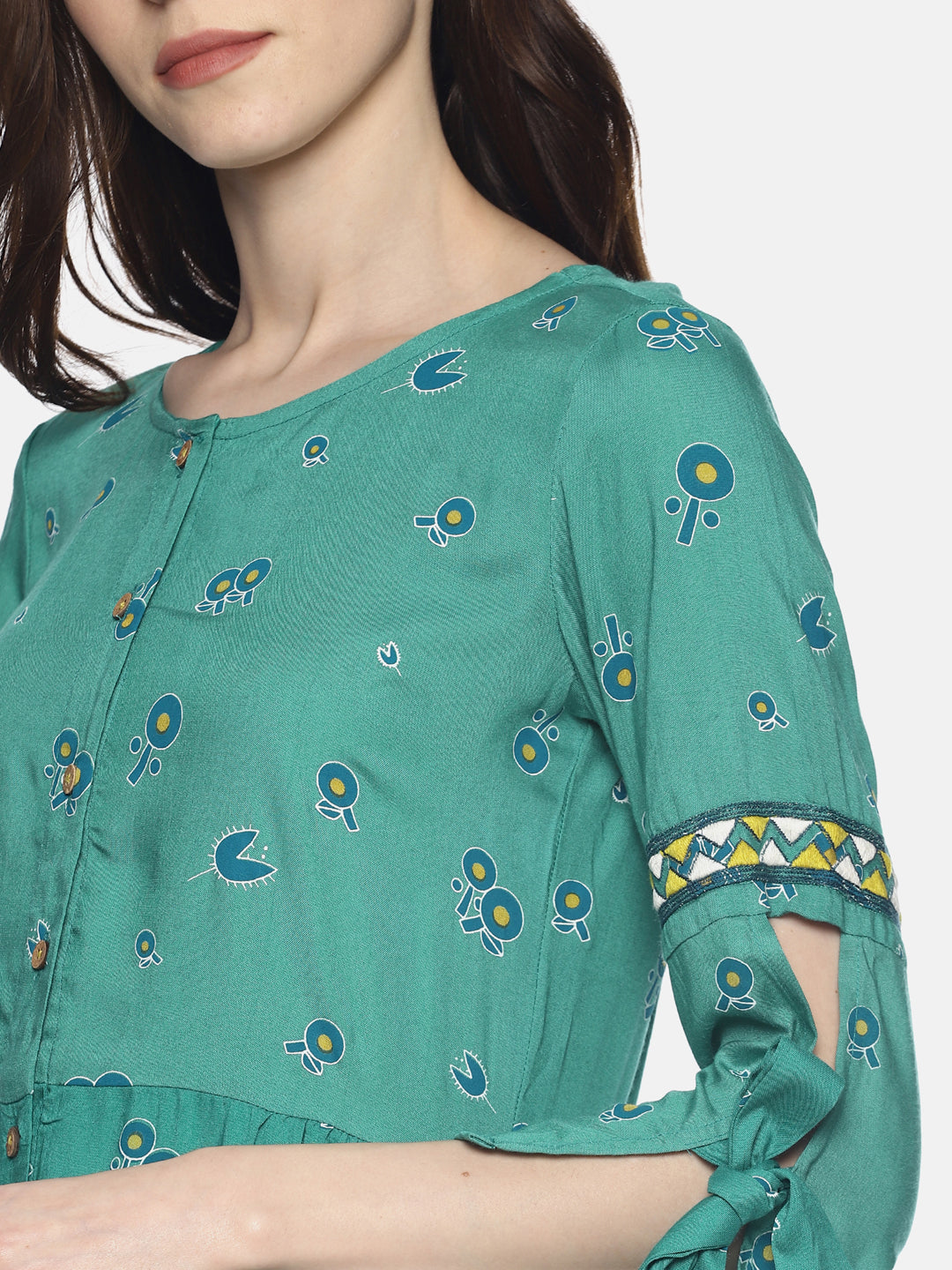 Mint Printed Dress With Embroidered Sleeves | Untung