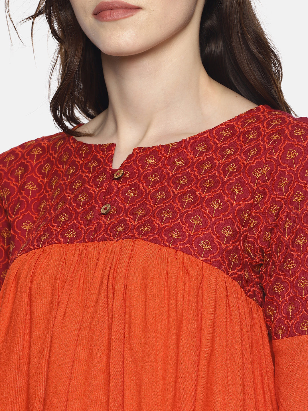 Orange Color Block Gathered Top With Embroidery | Untung
