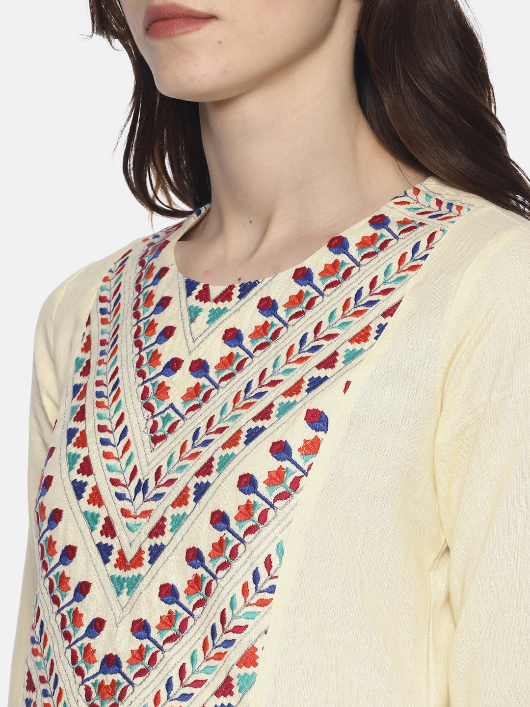 Off White Organic Cotton Kurta With Embroidered Yoke | Untung