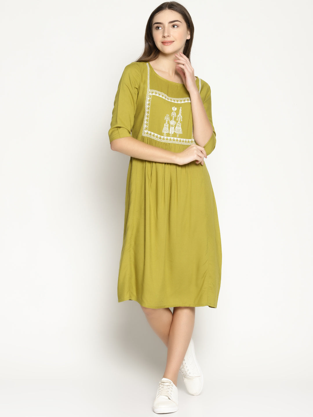 Khaki Shift Dress With Embroidery | Untung