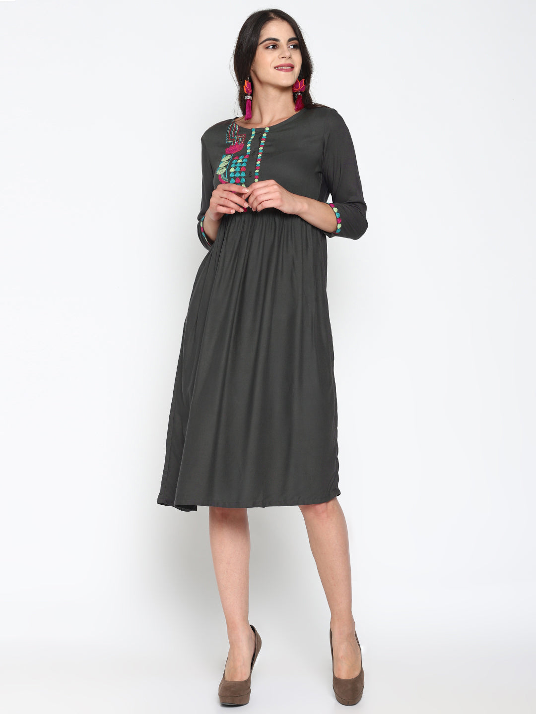 Grey Embroidered Front Open Dress | Untung