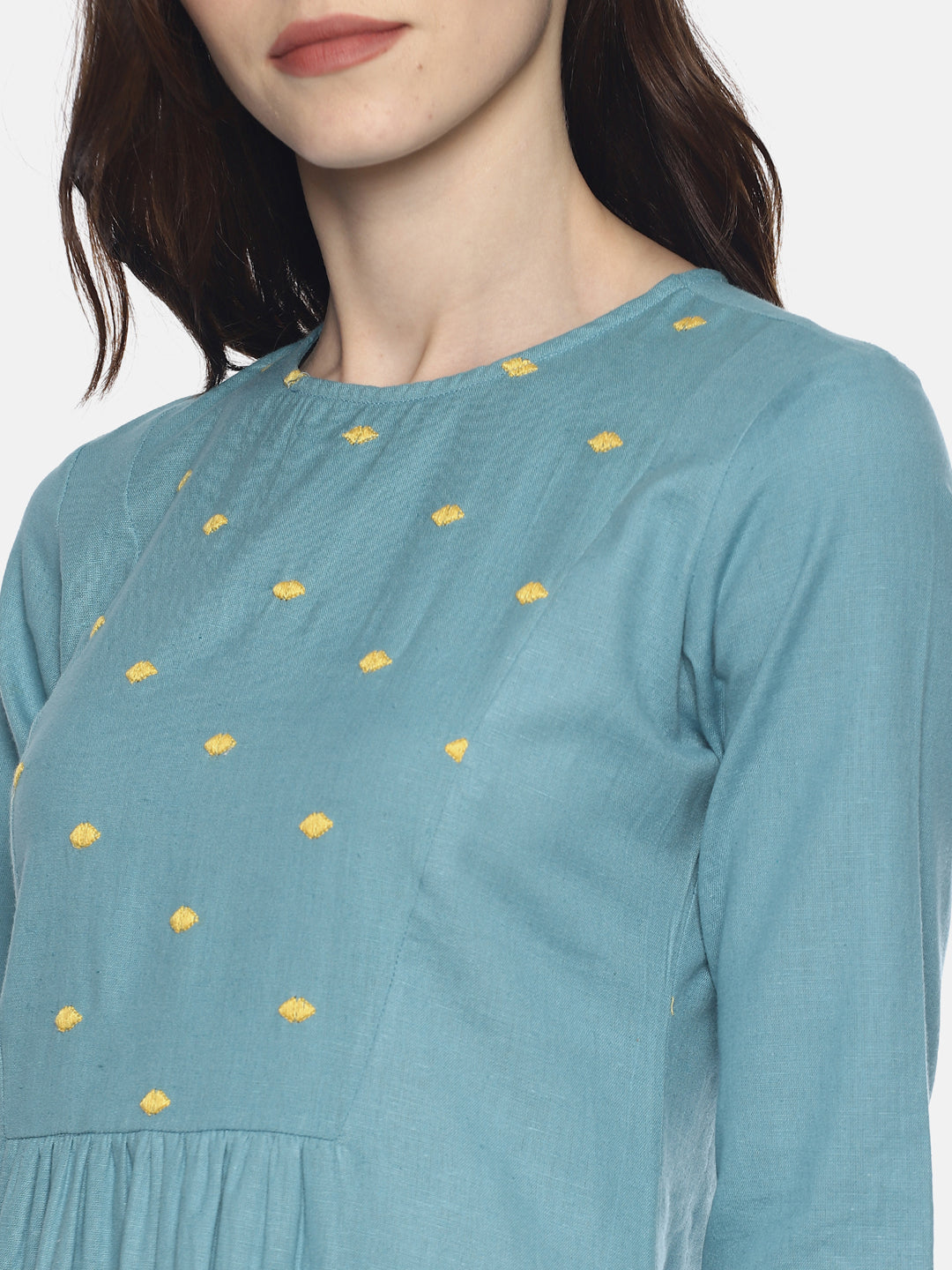 Light Blue Embroidered Dress With Border Print | Untung