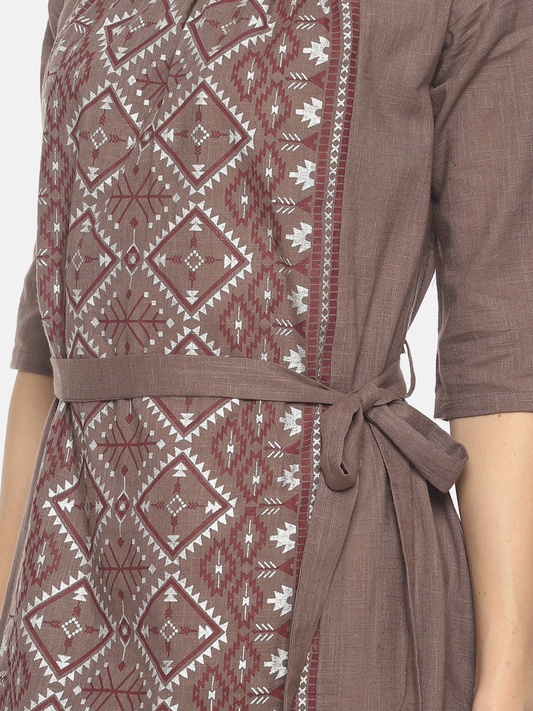Grey Printed Dress With Tie-up Belt | Untung
