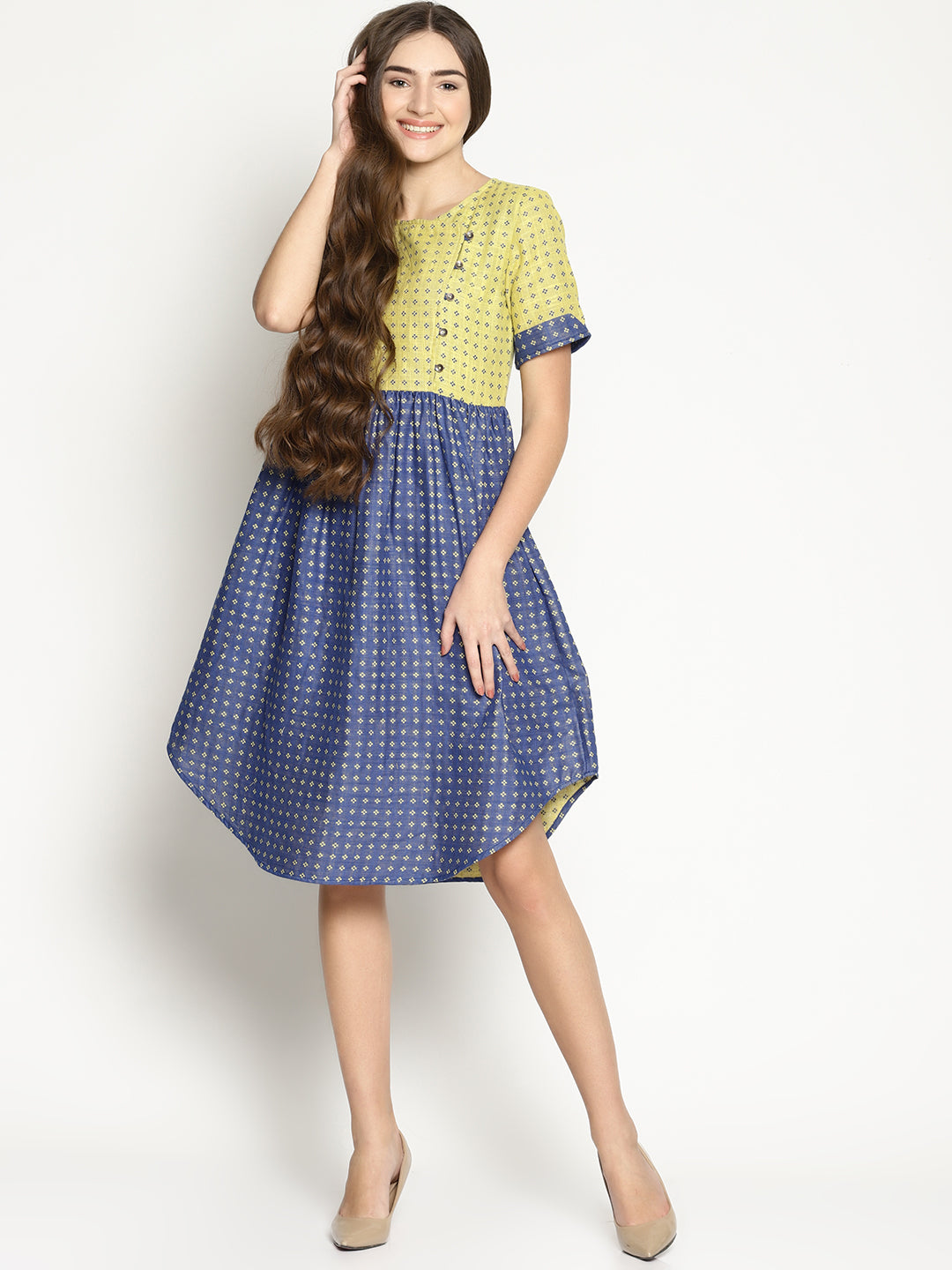 Blue Dobby Shift Dress With Curved Hem | Untung