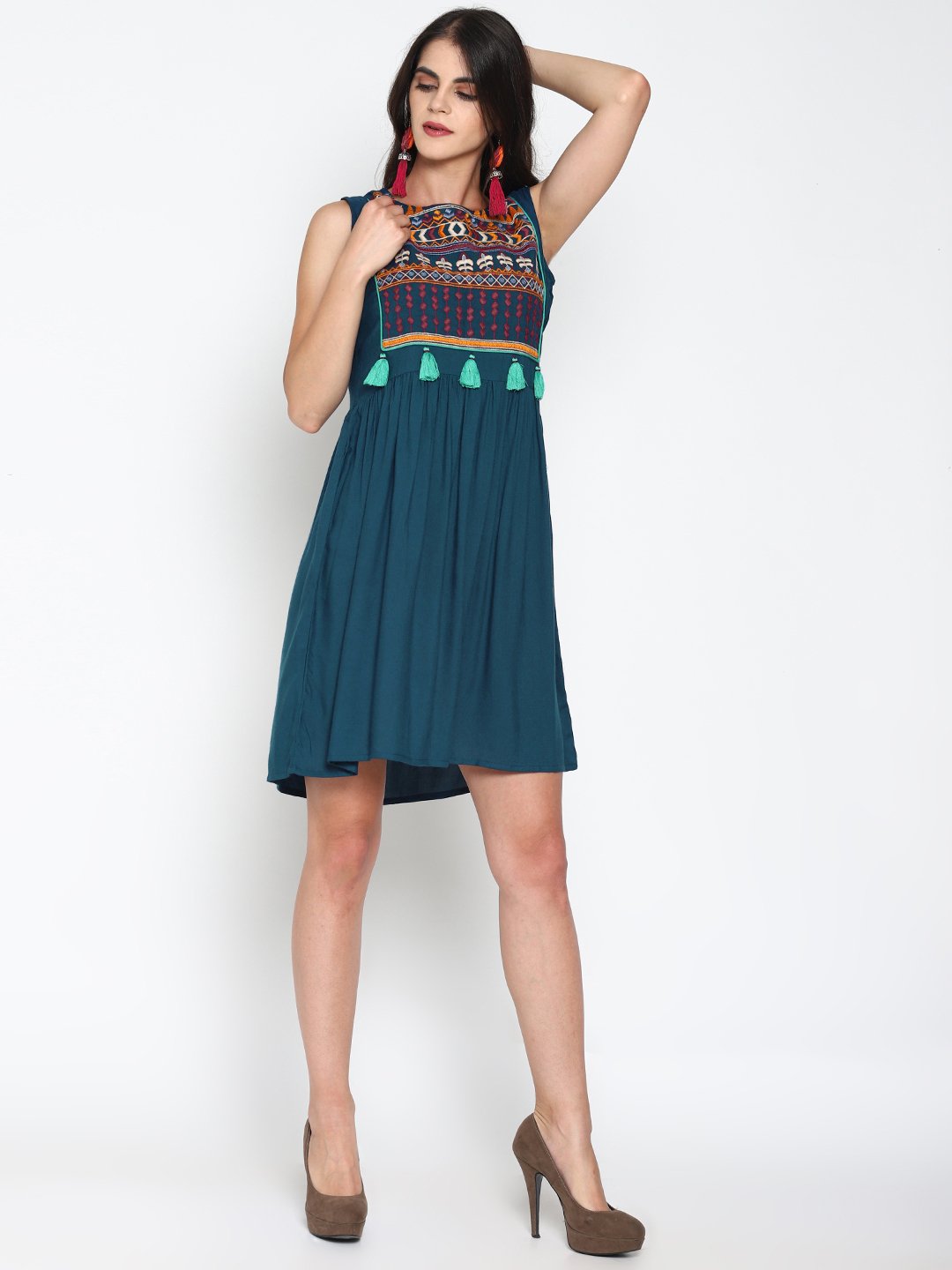 Teal Skater Dress With Embroidered Yoke | Untung