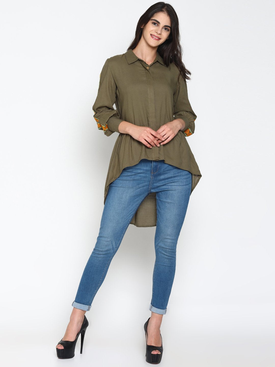 Olive Green High Low Shirt With Emroidered Sleeves | Untung