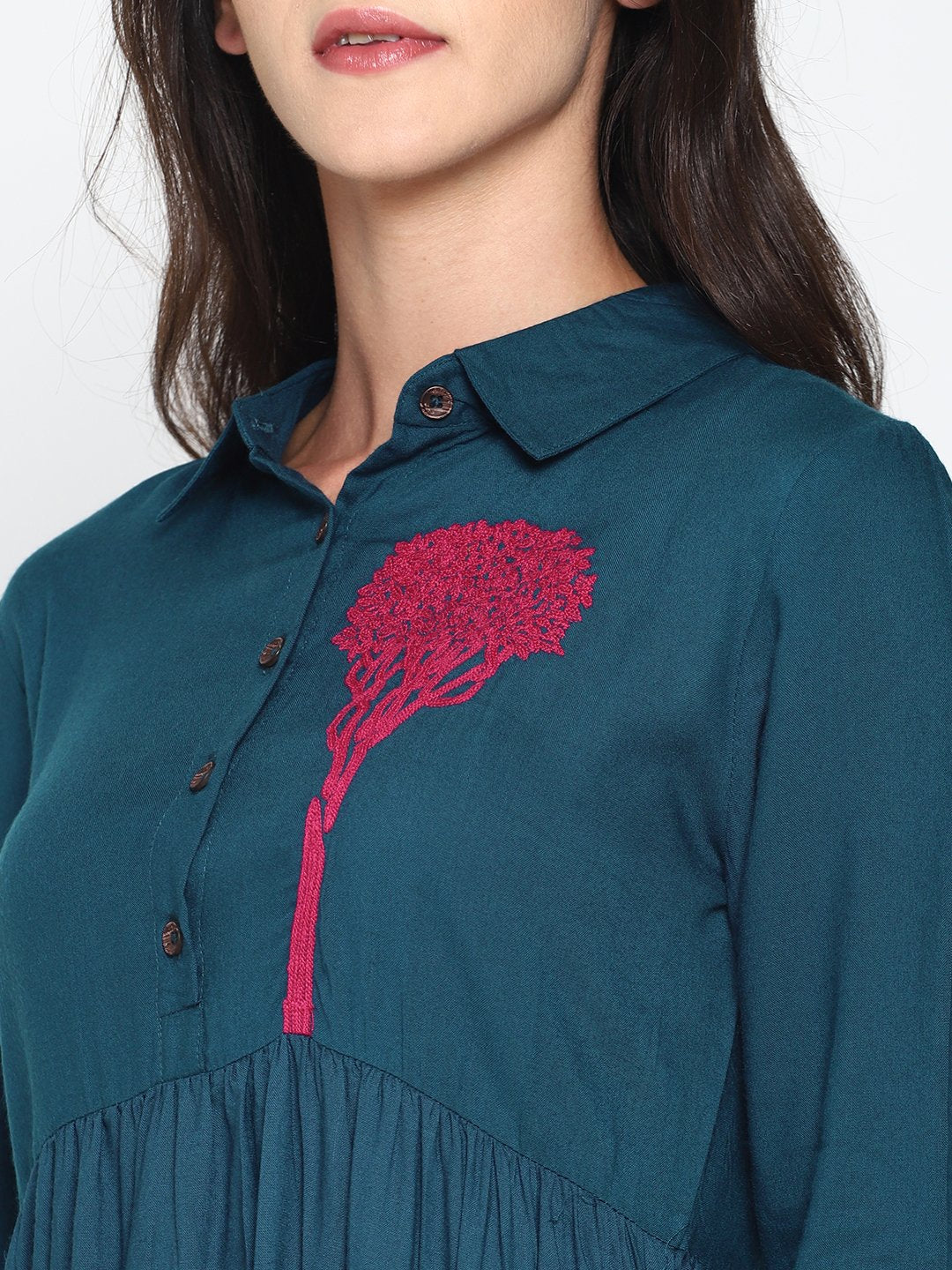 Blue Shirt Dress With Embroidered Tree Motif | Untung