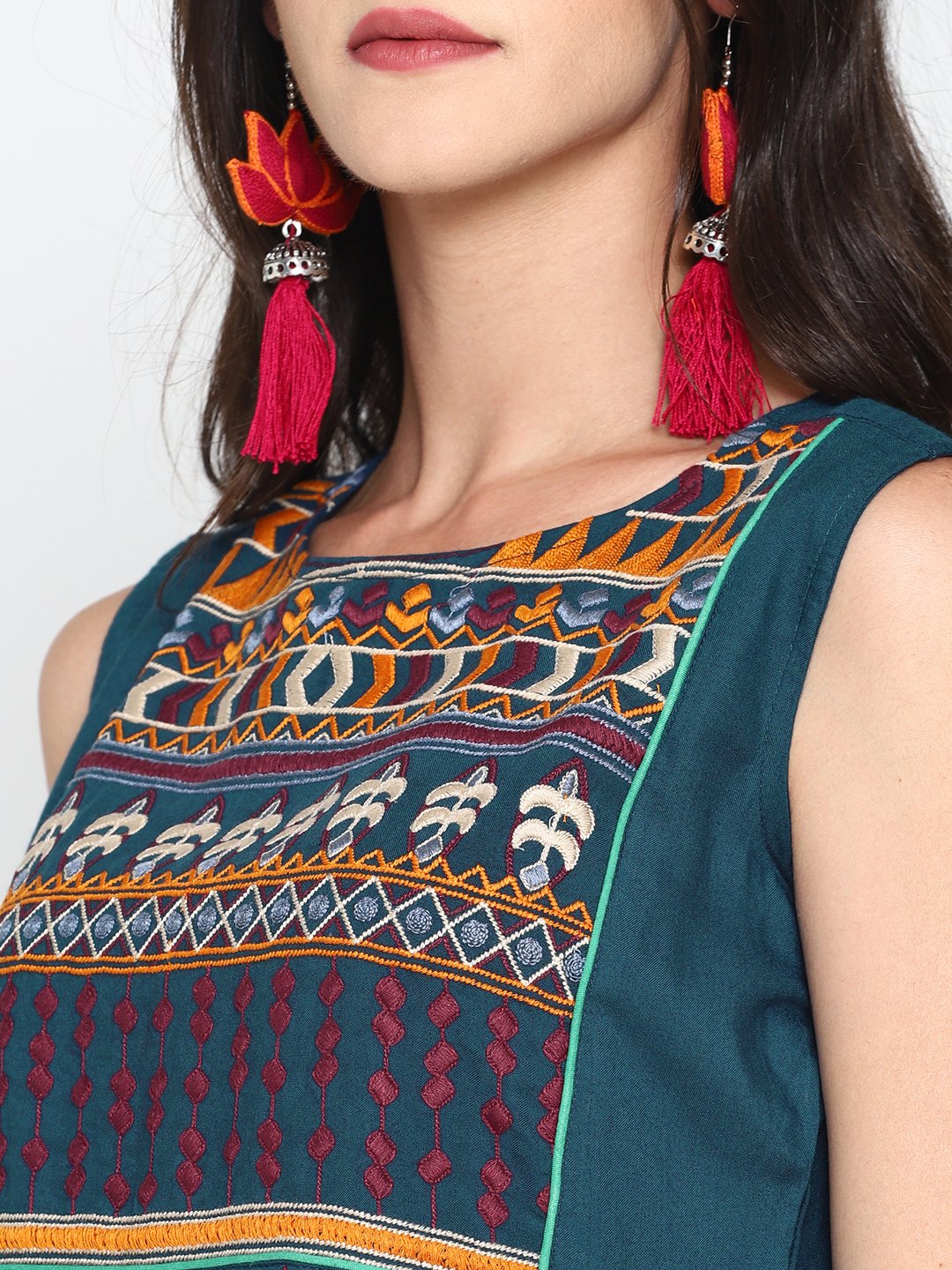Teal Skater Dress With Embroidered Yoke | Untung