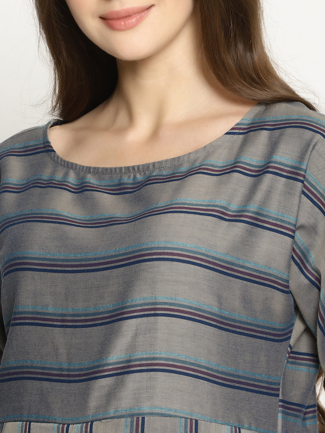 Grey Striped Dress With Curved Hemline | Untung