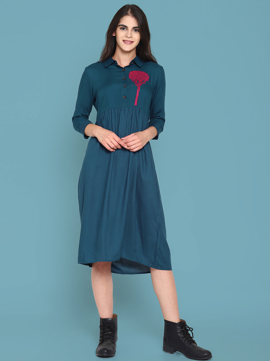 Blue Shirt Dress With Embroidered Tree Motif | Untung