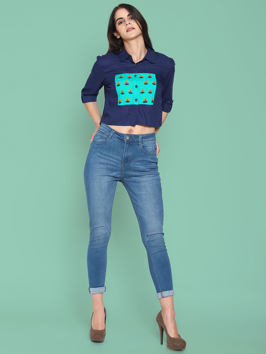 Navy Bluecolor Block Crop Top With Embroidery | Untung