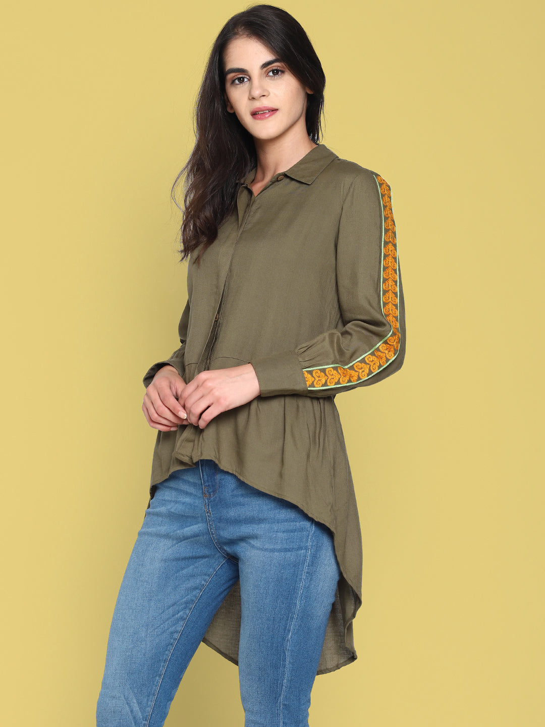 Olive Green High Low Shirt With Emroidered Sleeves | Untung