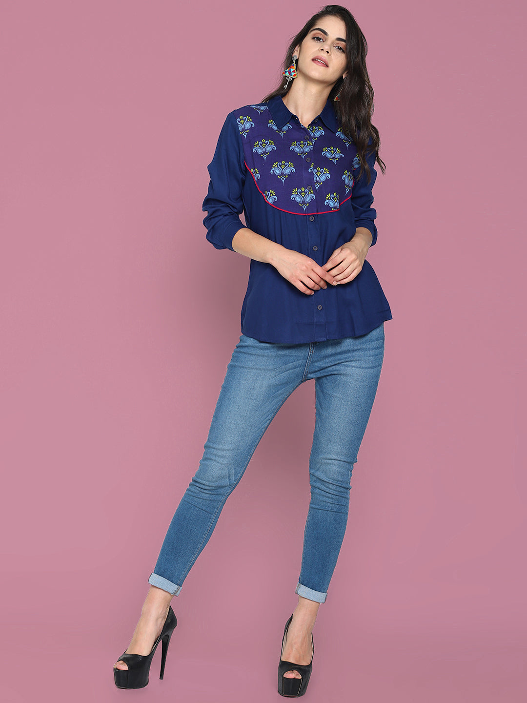 Blue Navy Blue Shirt With Printed Yoke | Untung