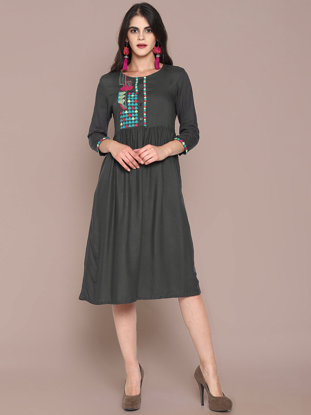 Grey Embroidered Front Open Dress | Untung
