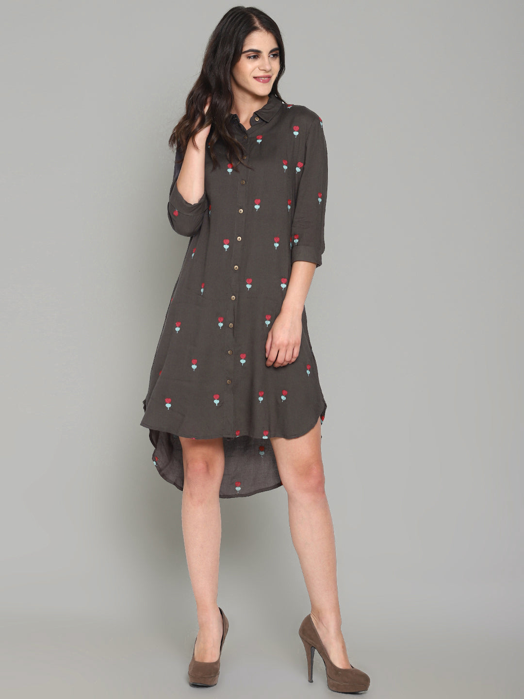 Grey Embroidered High Low Shirt Dress | Untung
