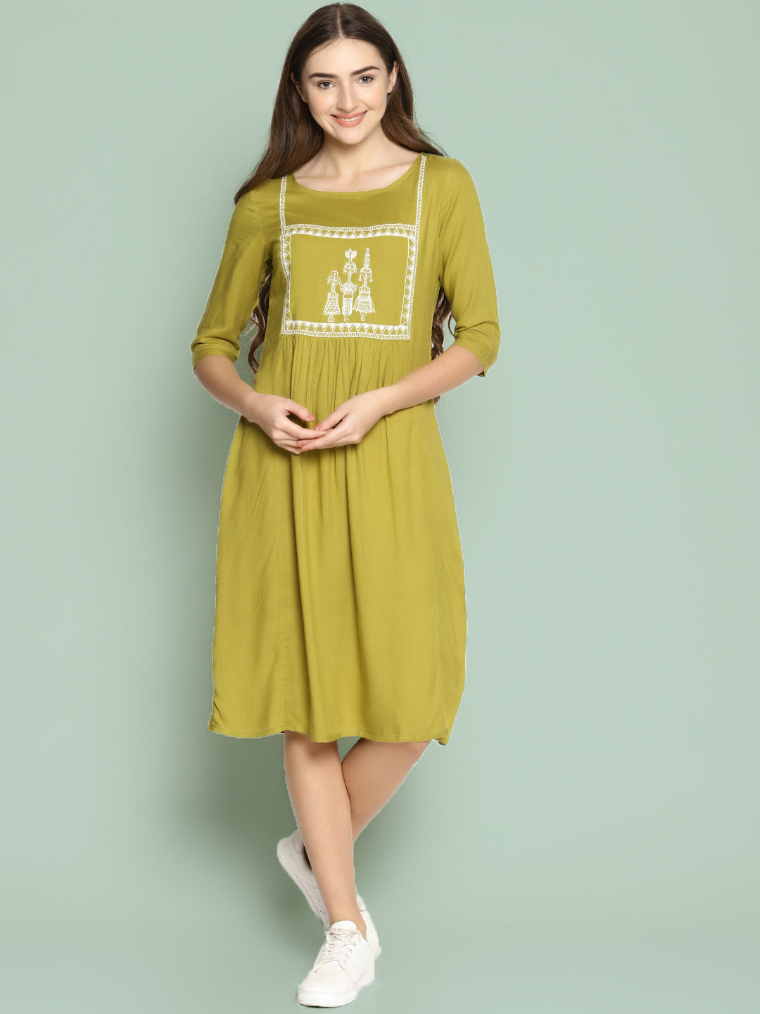 Khaki Shift Dress With Embroidery | Untung