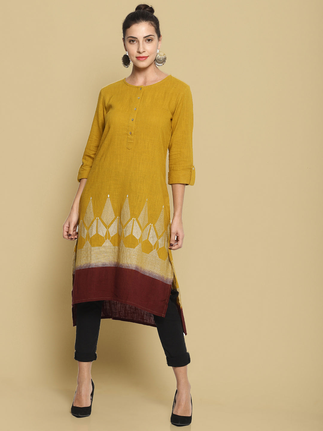 Yellow Dip Dye Kurta With Khadi Print | Untung