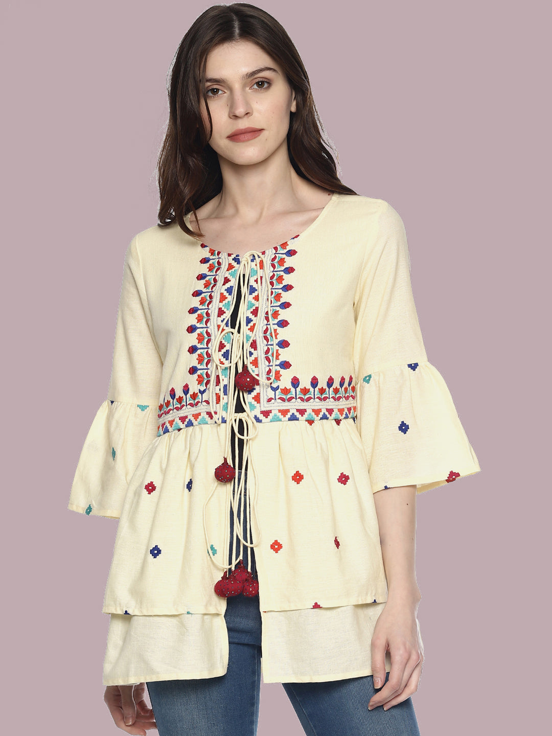 Off White Organic Cotton Shrug With Embroidery | Untung