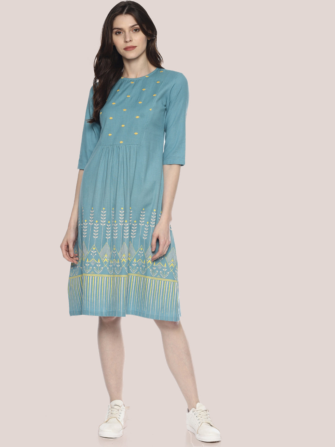 Light Blue Embroidered Dress With Border Print | Untung