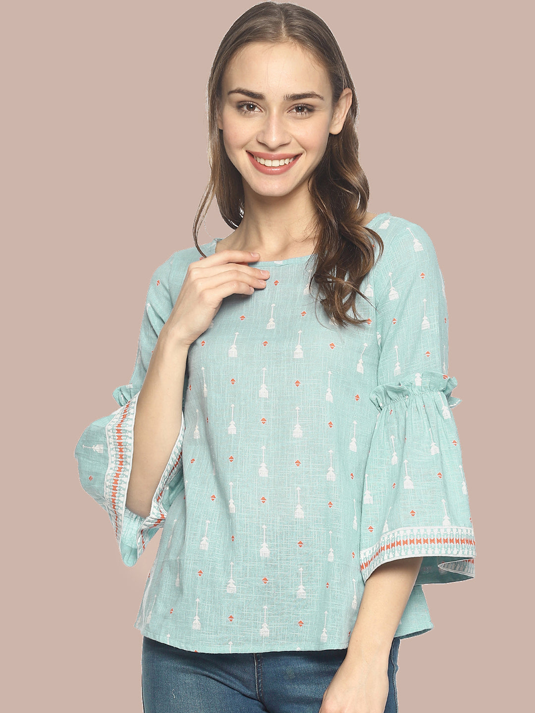 Blue Block Printed Top With Ruffled Bell Sleeves | Untung