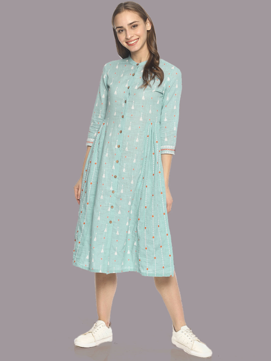 Blue Block Printed Front Open Dress With Embroidery | Untung