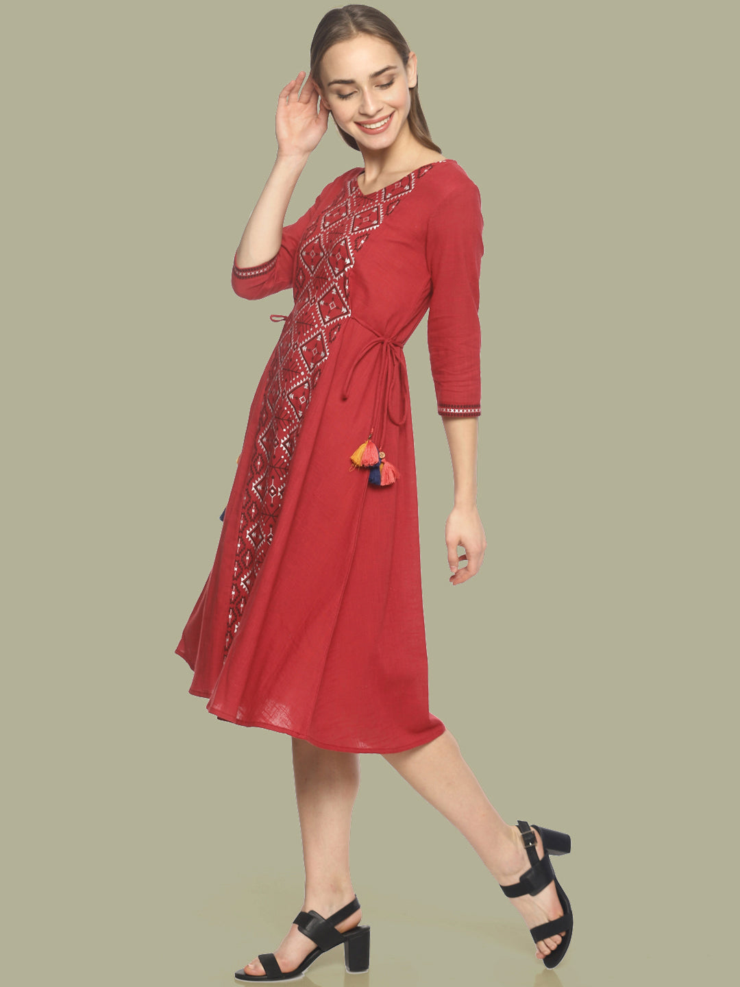 Red Printed A-line Dress With Waist Tie-up | Untung