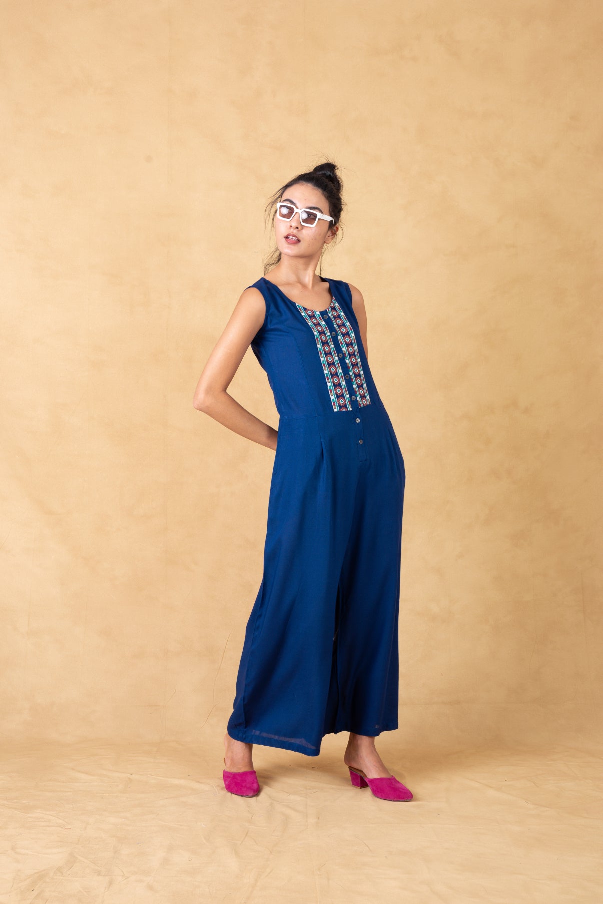 Blue Front Open Jumpsuit With Embroidery