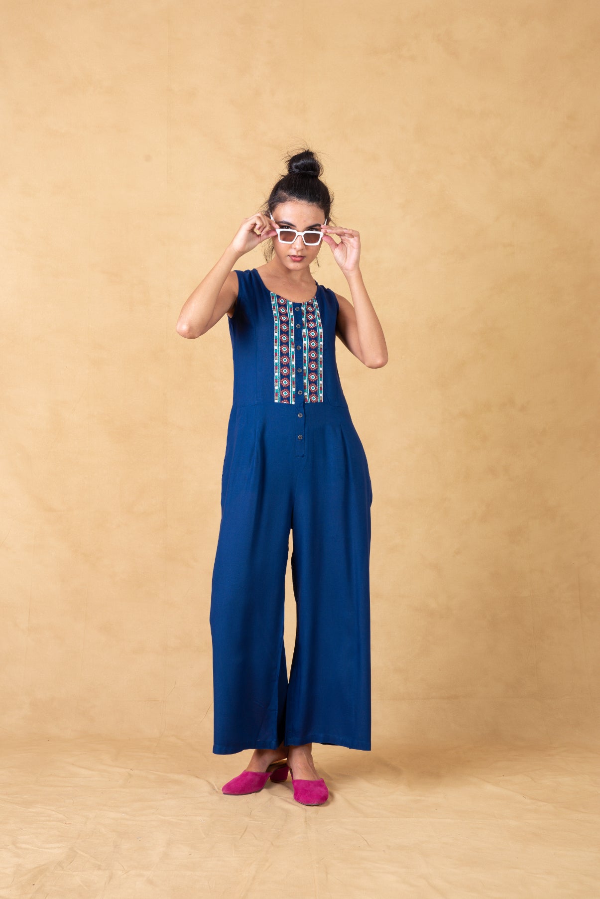 Blue Front Open Jumpsuit With Embroidery