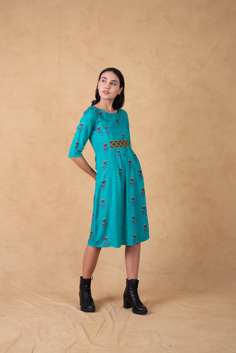 Turquoise Printed Dress With Aztec Embroidery | Untung Turquoise Printed Dress With Aztec Embroidery | Untung