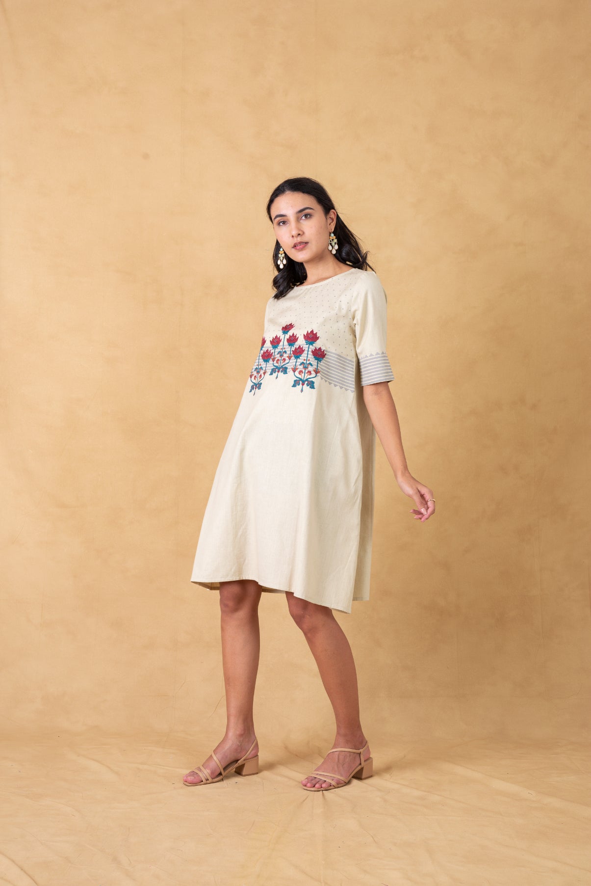 Off White Floral Embroidered Shift Dress