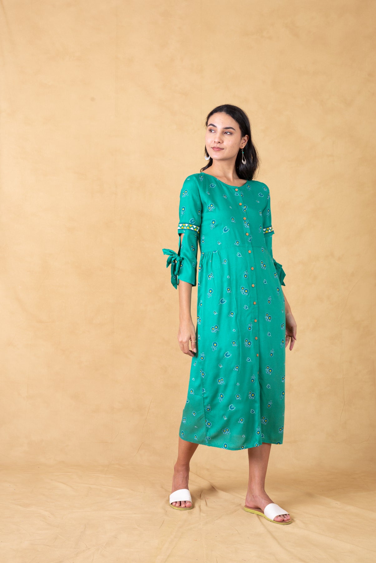 Mint Printed Dress With Embroidered Sleeves