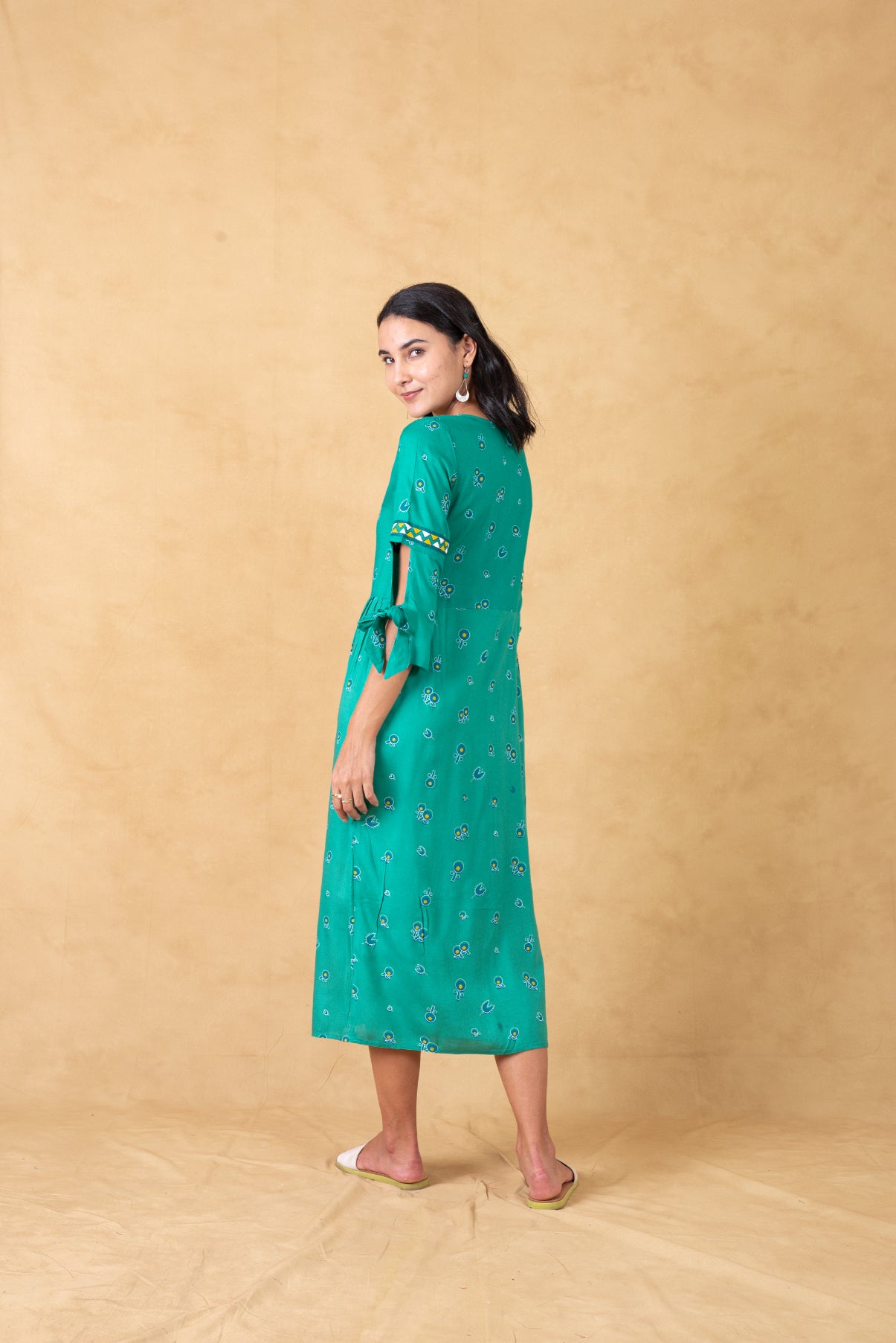 Mint Printed Dress With Embroidered Sleeves