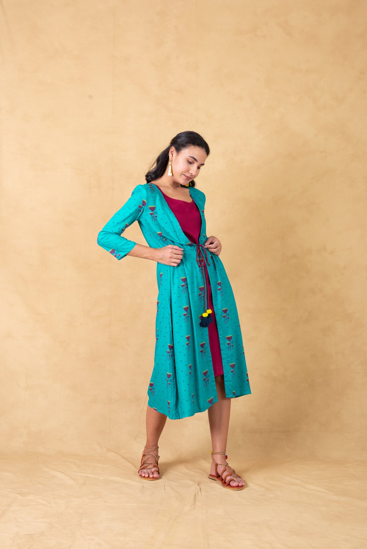 Turquoise Printed Jacket Dress With Tie Ups