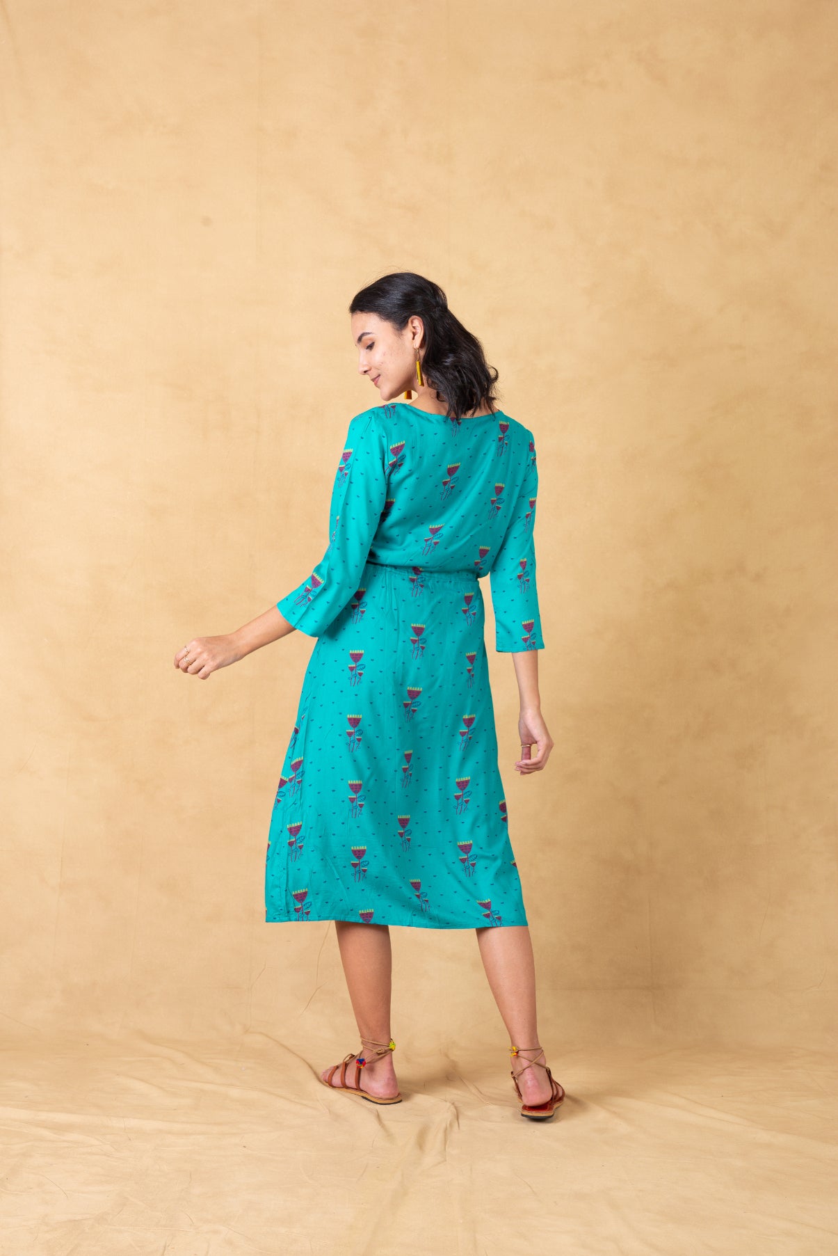 Turquoise Printed Jacket Dress With Tie Ups