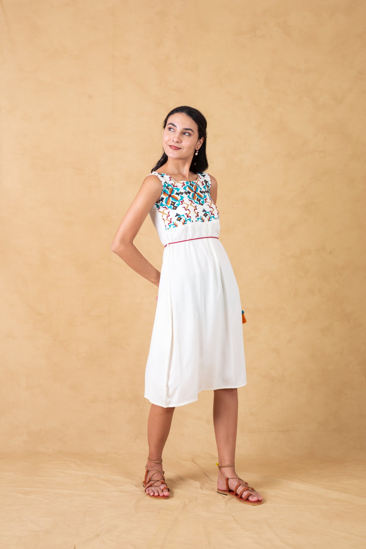 White Embroidered Dress With Tie Ups