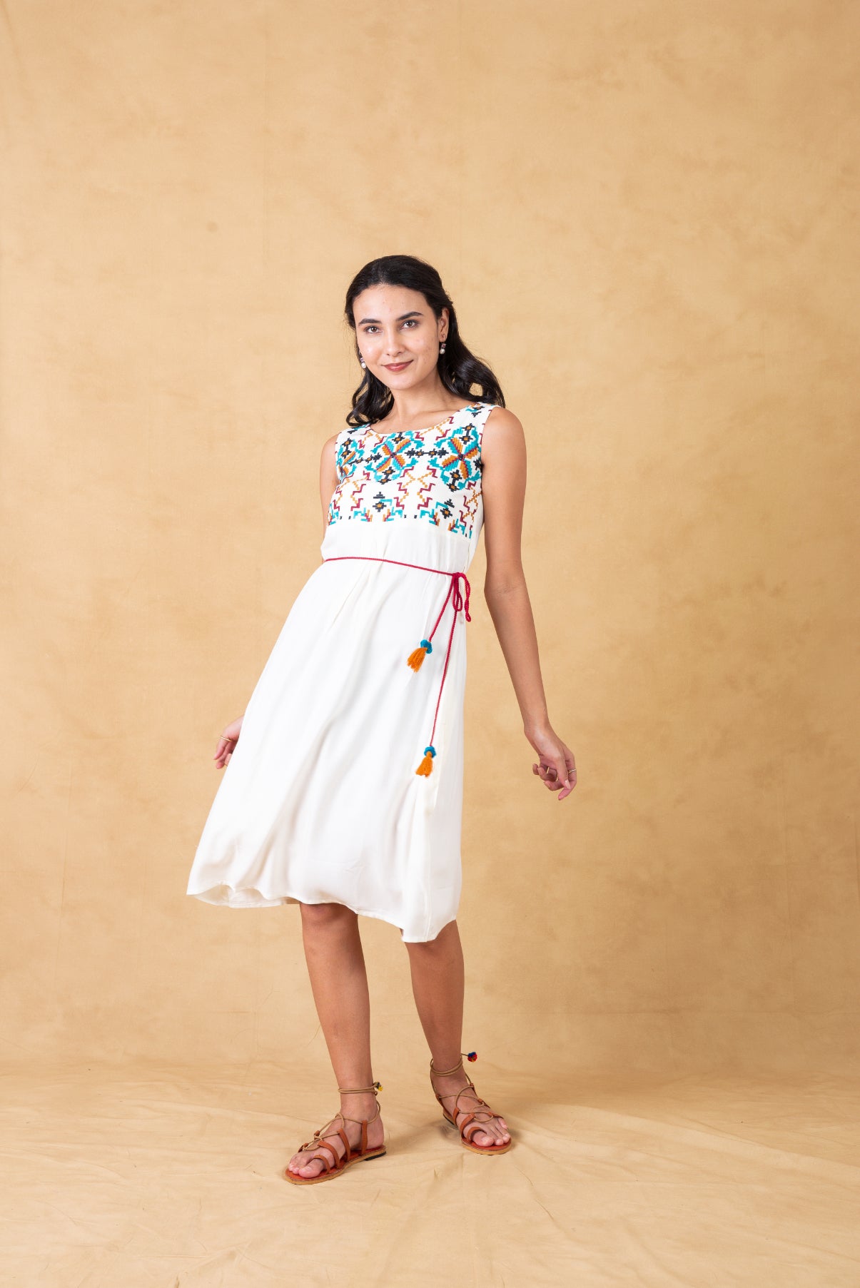 White Embroidered Dress With Tie Ups