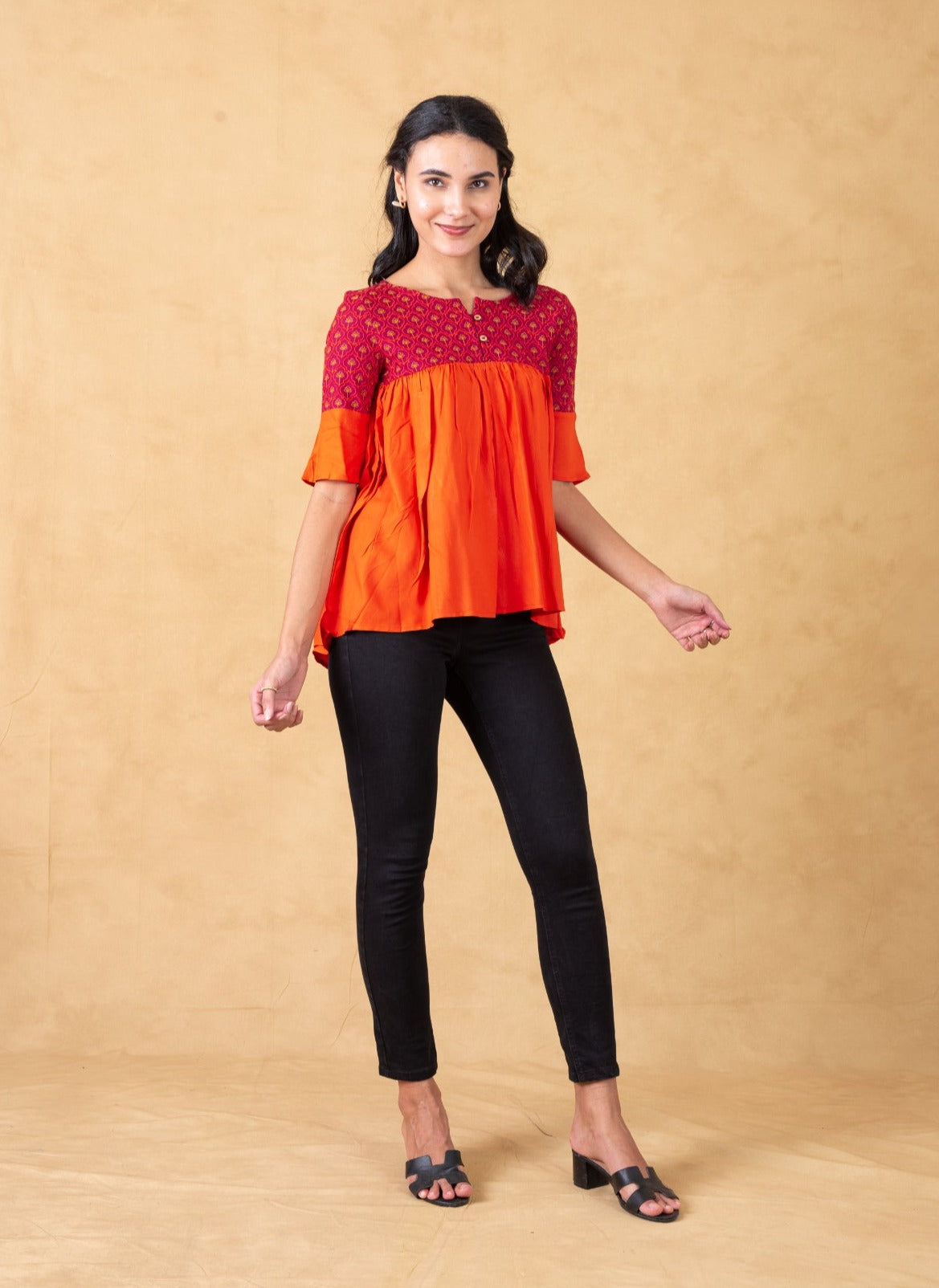 Orange Color Block Gathered Top With Embroidery