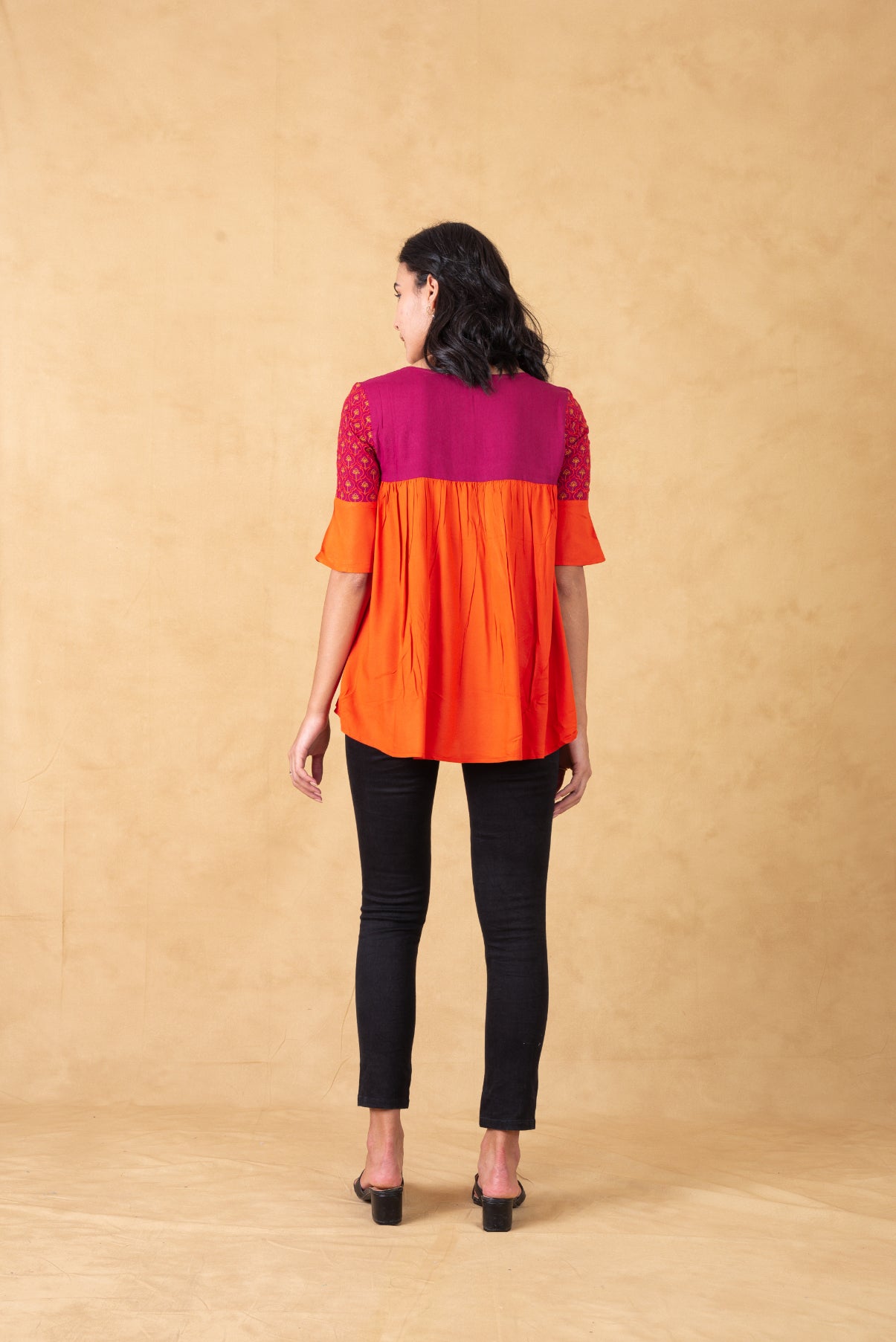 Orange Color Block Gathered Top With Embroidery