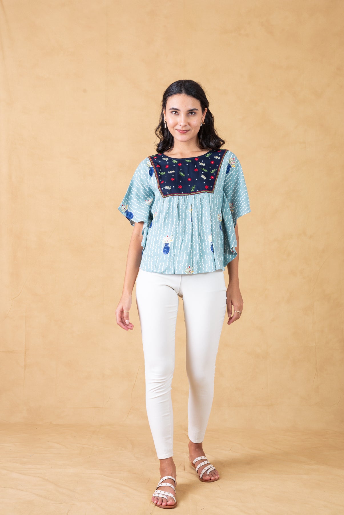Grey Printed Kaftan Top With Embroidery