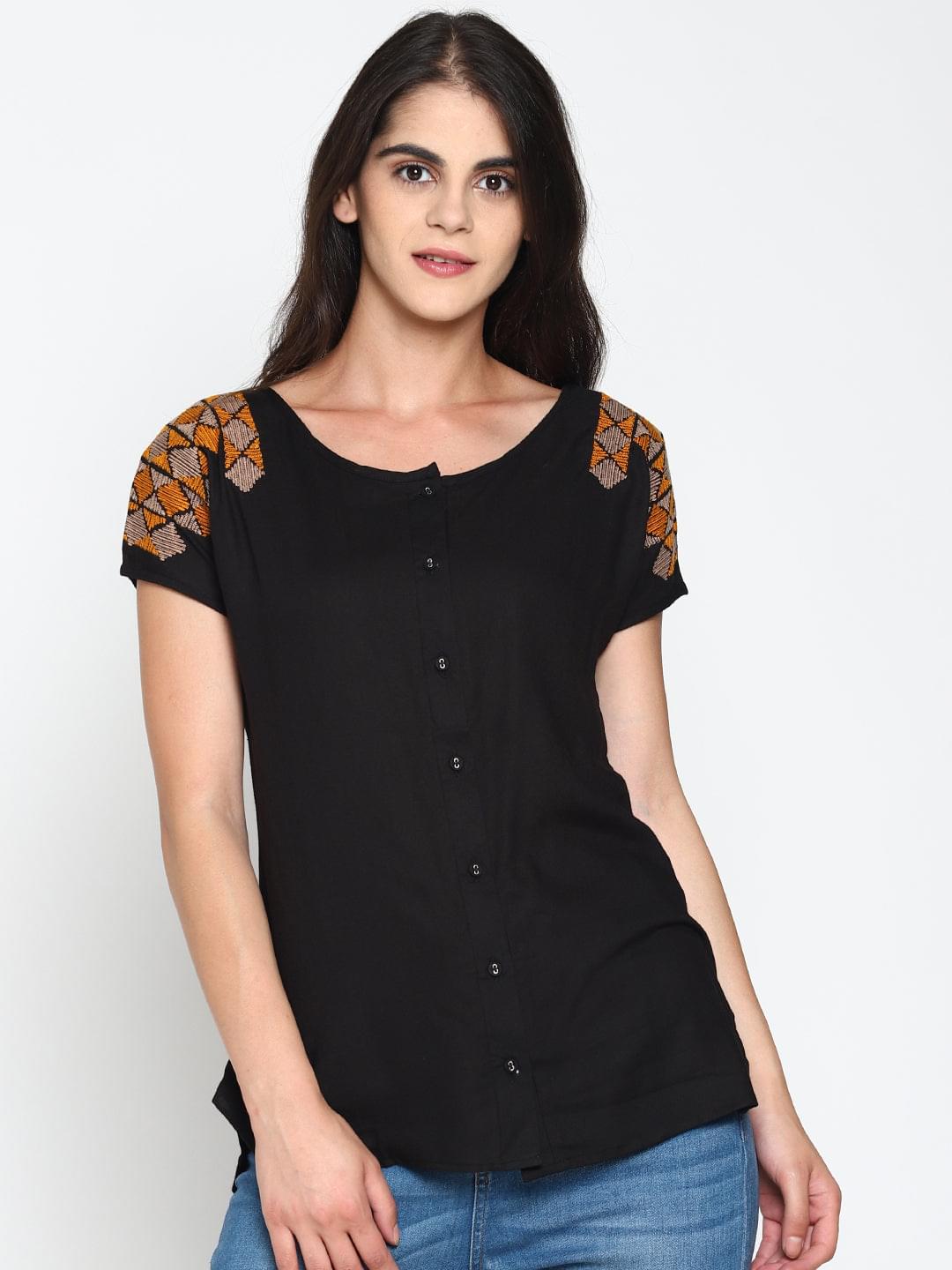 Black Embroidered Front Open Top