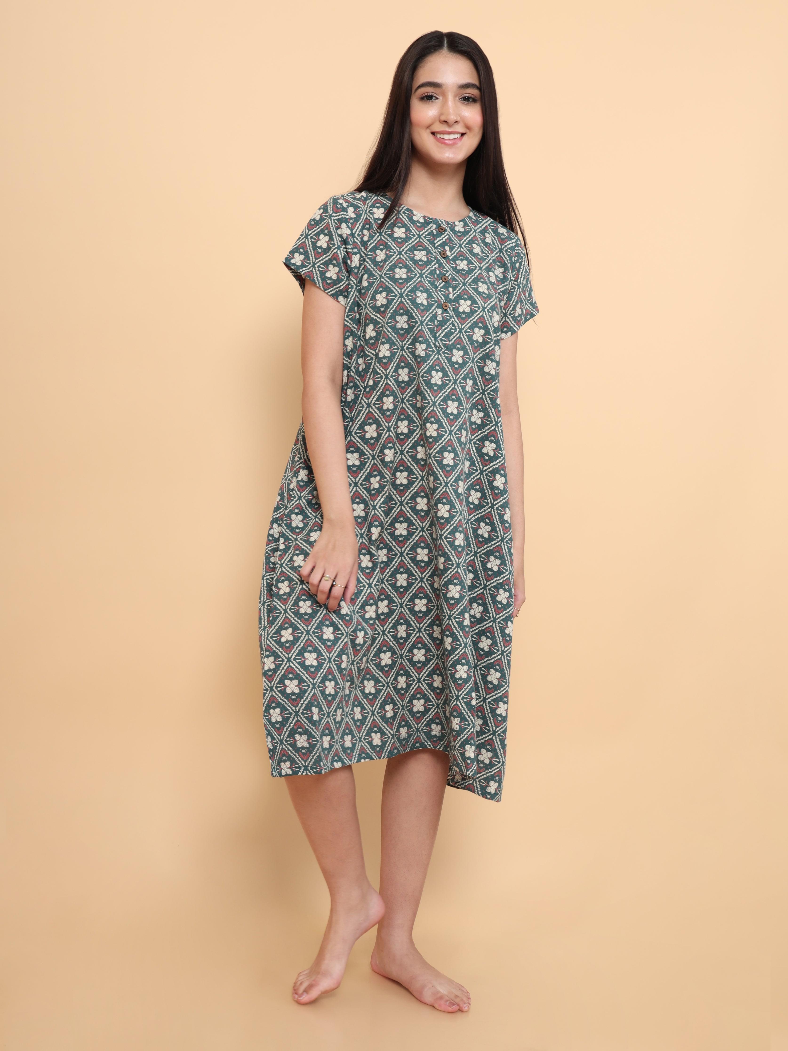 Azami Nightdress | Green Floral Night Dress | Untung