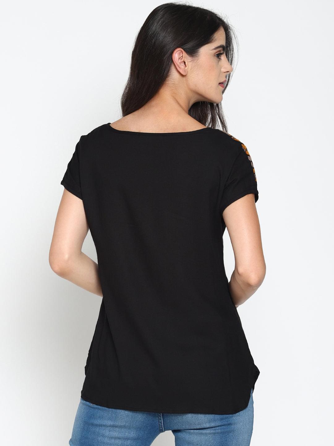 Black Embroidered Front Open Top