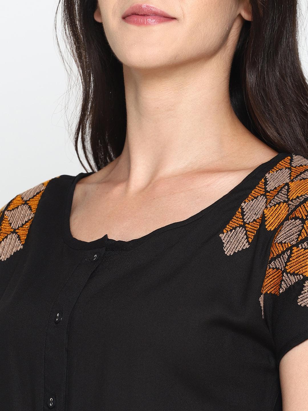 Black Embroidered Front Open Top
