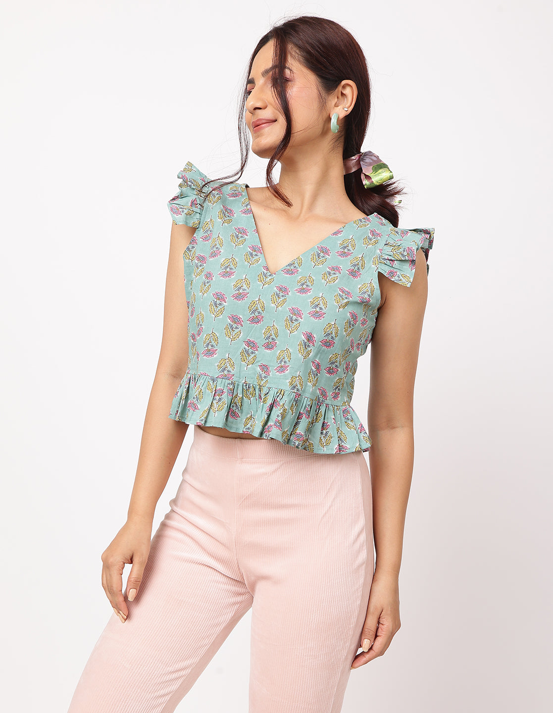Binsa Top | Green Printed Top With Frills | Untung