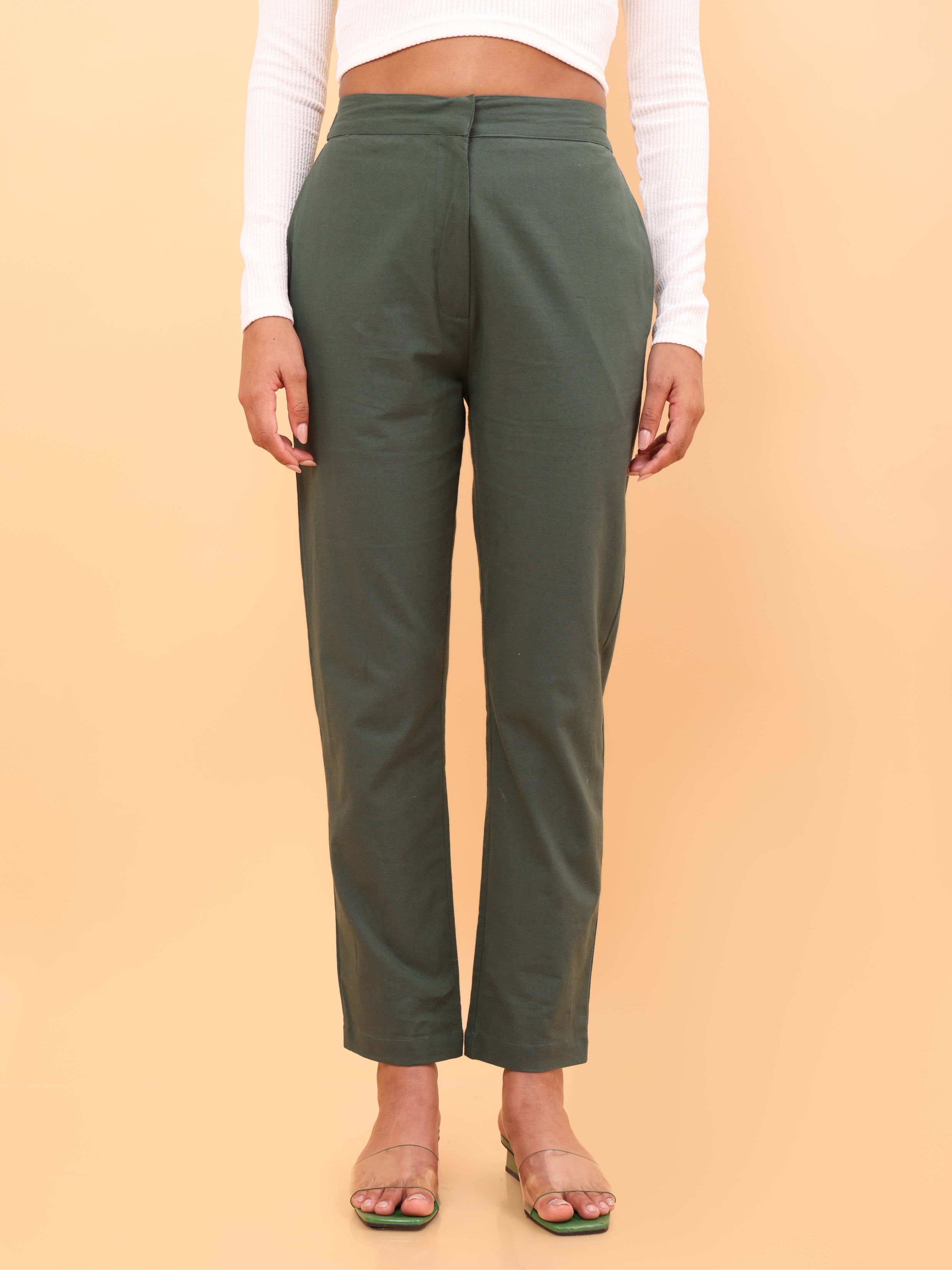 Polyster Plain Women Olive Green Regular Fit Solid Cropped Peg Trousers at  Rs 600 in Noida