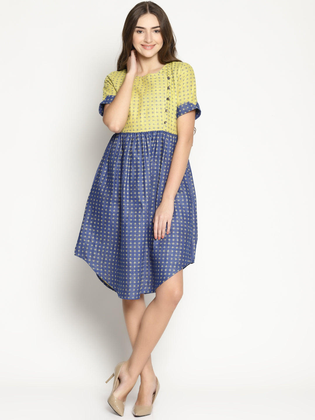 Blue Dobby Shift Dress With Curved Hem | Untung