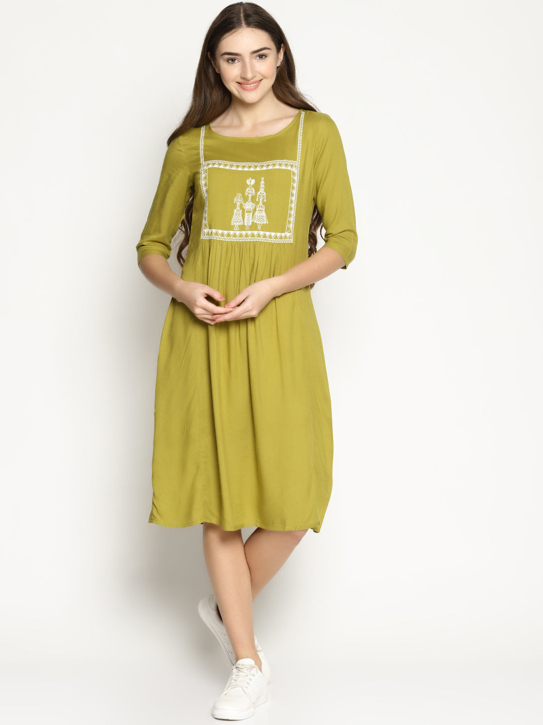 Khaki Shift Dress With Embroidery | Untung
