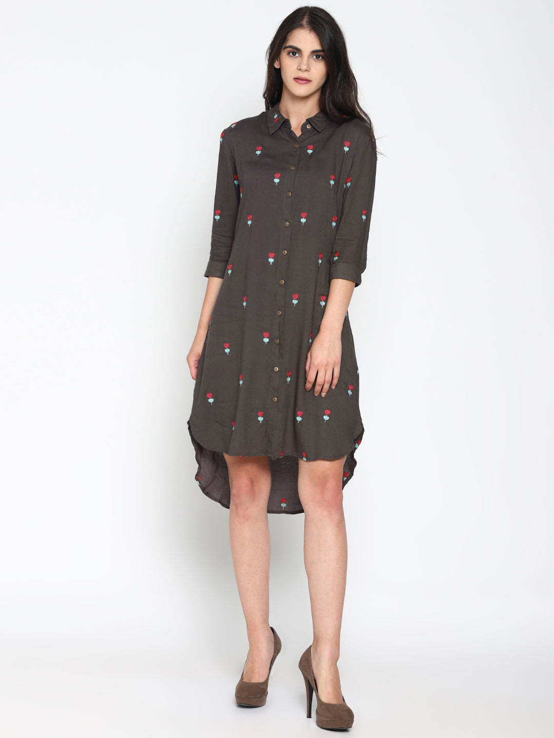 Grey Embroidered High Low Shirt Dress | Untung